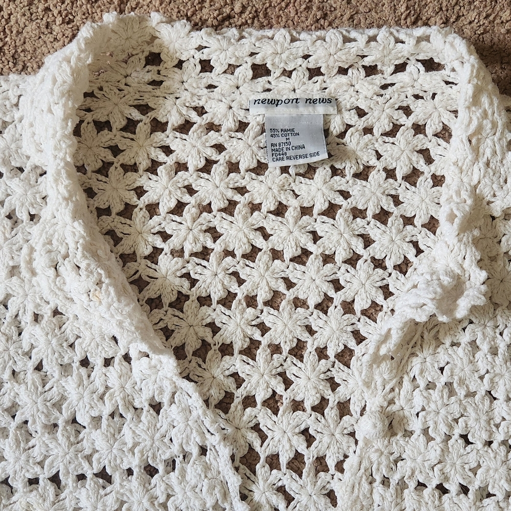 Y2K Ivory Crochet Collared Button Up Shirt Boho Cottage Festival Renaissance M - Picture 2 of 8